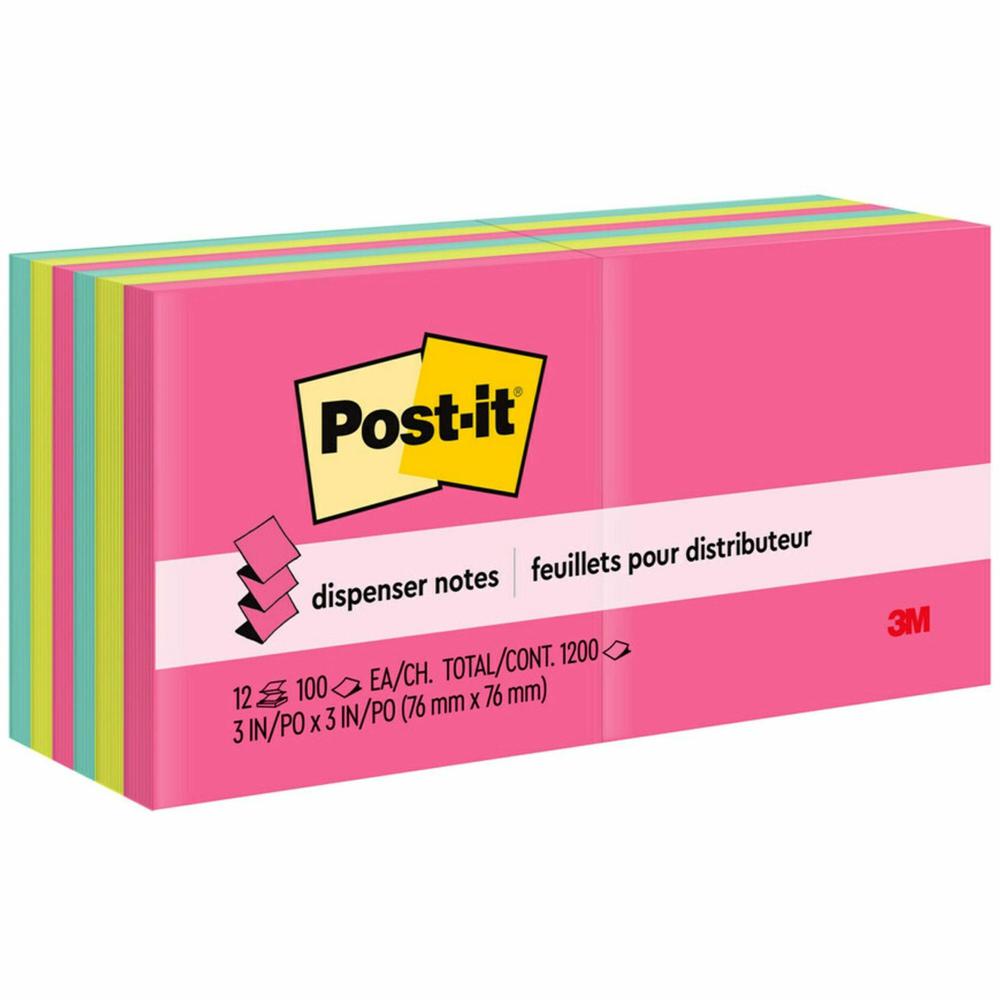 Post-it&reg; Dispenser Notes - 1200 - 3" x 3" - Square - 100 Sheets per Pad - Unruled - Guava, Aqua Splash, Vital Orange - Paper - Pop-up, Self-adhesive, Repositionable - 12 / Pack. Picture 1
