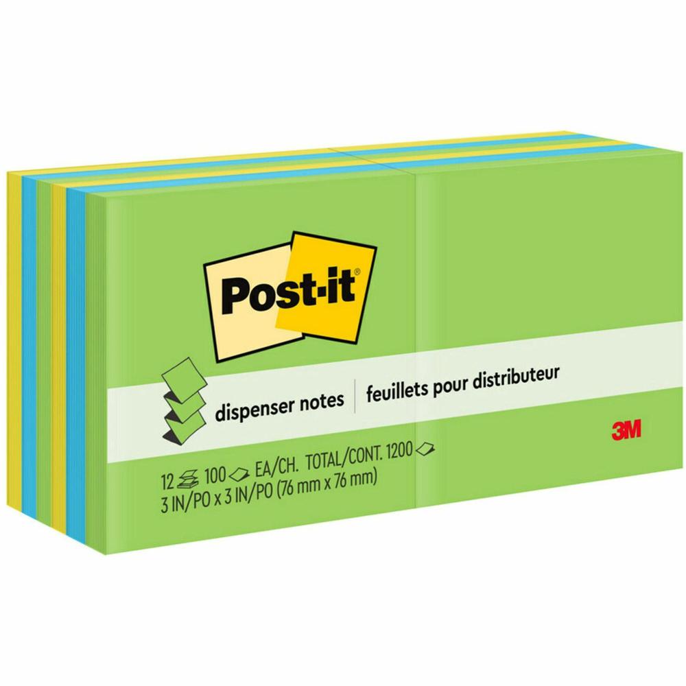 Post-it&reg; Dispenser Notes - 1200 - 3" x 3" - Square - 100 Sheets per Pad - Unruled - Limeade, Citron, Blue Paradise - Paper - Pop-up, Refillable, Self-adhesive, Repositionable - 12 / Pack. Picture 1