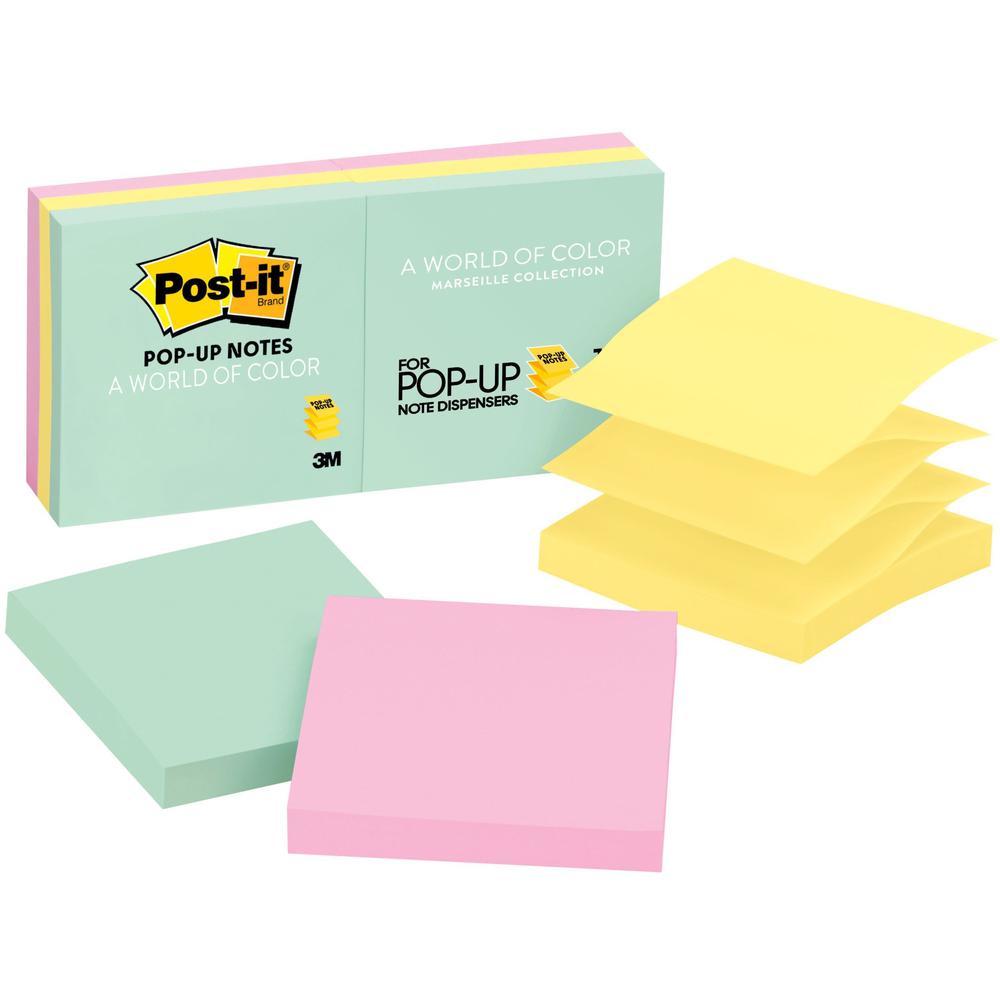 Post-it&reg; Pop-up Notes - Marseille Color Collection - 600 - 3" x 3" - Square - 100 Sheets per Pad - Unruled - Assorted - Paper - Pop-up, Self-adhesive, Repositionable - 6 / Pack. The main picture.
