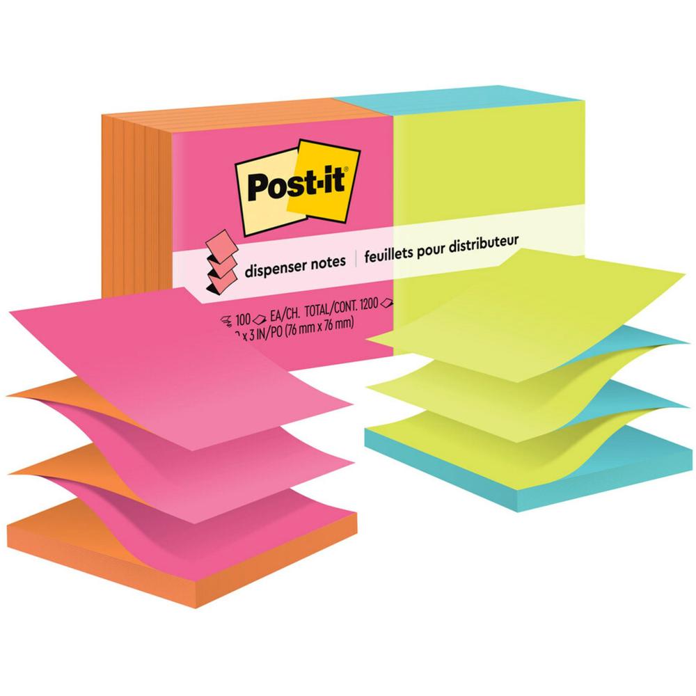 Post-it&reg; Dispenser Notes - 1200 - 3" x 3" - Square - 100 Sheets per Pad - Unruled - Power Pink, Vital Orange, Acid Lime, Aqua Splash - Paper - Refillable, Pop-up, Self-adhesive, Repositionable - 1. Picture 1