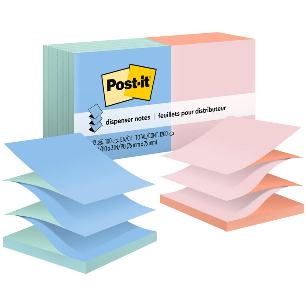 Post-it&reg; Dispenser Notes - Alternating Pastel Colors - 1200 - 3" x 3" - Square - 100 Sheets per Pad - Unruled - Fresh Mint, Canary Yellow, Pink Salt, Papaya Fizz - Paper - Refillable, Pop-up, Self. Picture 1