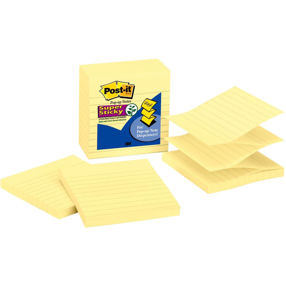Post-it&reg; Super Sticky Lined Dispenser Notes - 450 - 4" x 4" - Square - 90 Sheets per Pad - Ruled - Canary Yellow - Paper - Pop-up, Self-adhesive - 5 / Pack. Picture 1