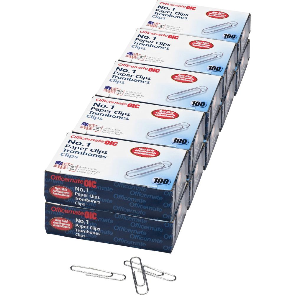 Officemate #1 Non-skid Paper Clips - No. 1 - 1.8" Length x 0.5" Width - Non-skid - 1000 / Pack - Silver - Steel. Picture 1