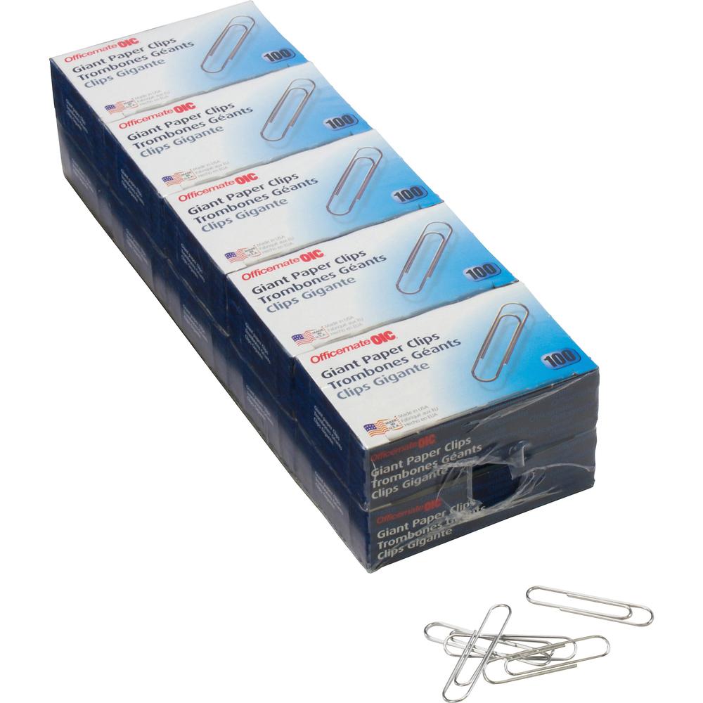Officemate Giant Gem Paper Clips - Jumbo - 2" Length x 0.5" Width - 1000 / Pack - Silver - Steel. Picture 1