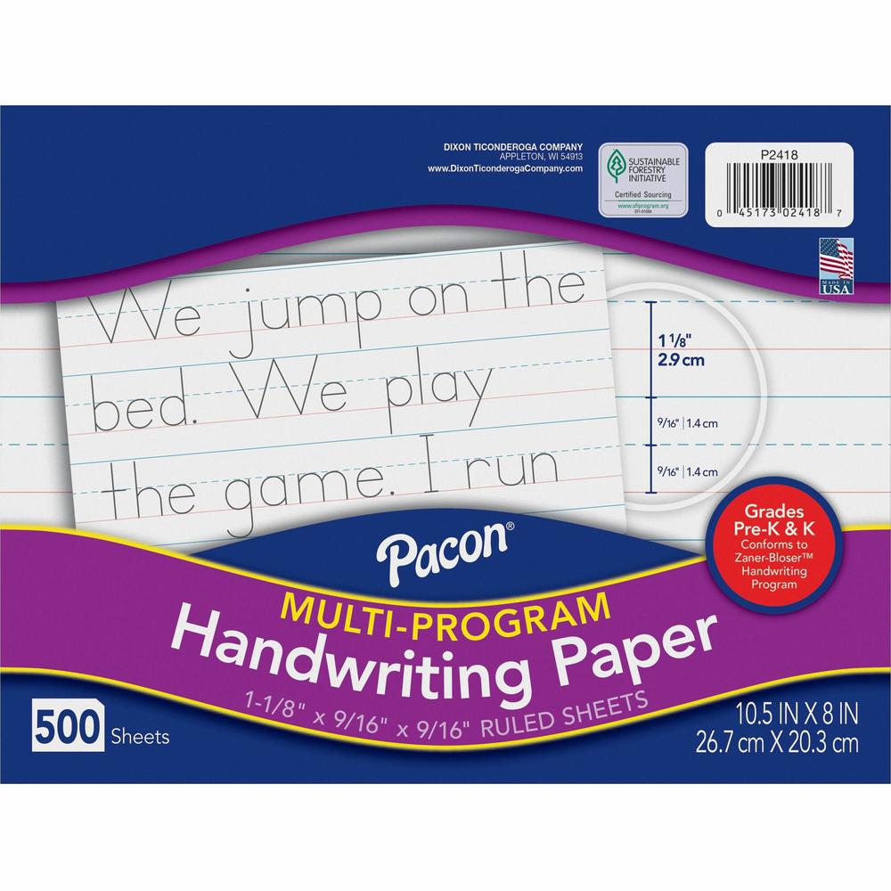 Pacon Multi-Program Handwriting Papers - 500 Sheets - 1.13" Ruled - Unruled - 10 1/2" x 8" - White Paper - Grade - 500 / Ream. Picture 1