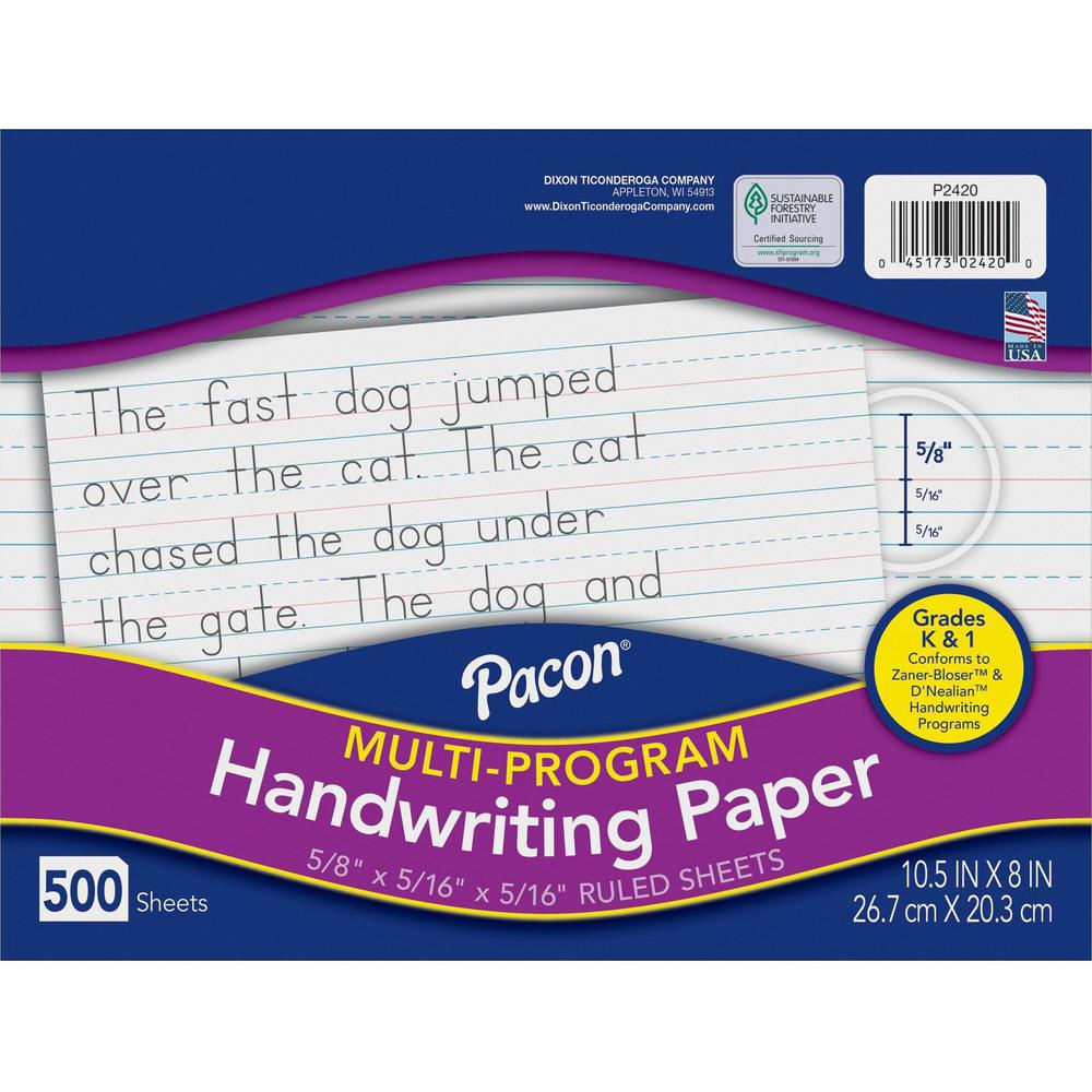 Pacon Multi-Program Handwriting Papers - 500 Sheets - 0.63" Ruled - Unruled - 10 1/2" x 8" - White Paper - Grade - 500 / Ream. The main picture.