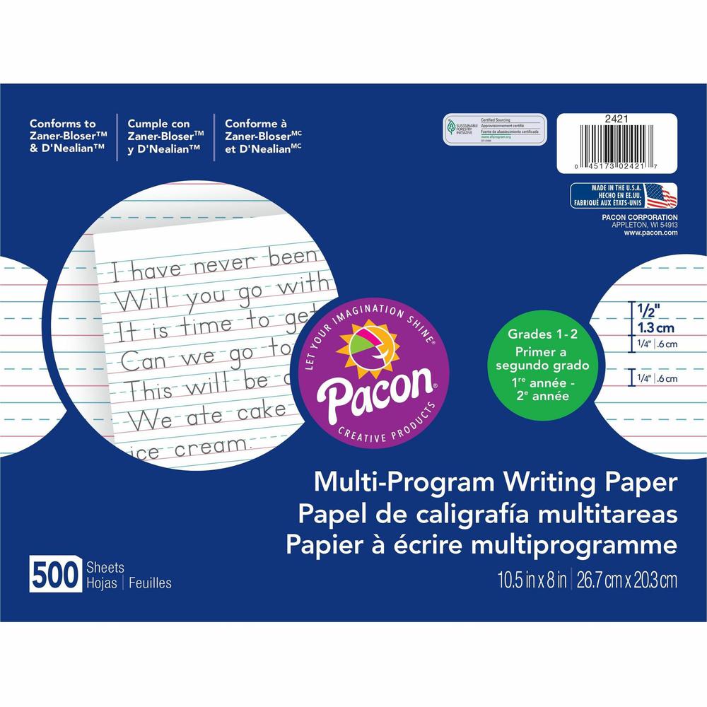 Pacon Multi-Program Handwriting Papers - 500 Sheets - 0.50" Ruled - Unruled - 10 1/2" x 8" - White Paper - Grade, Hard Cover - 500 / Ream. Picture 1