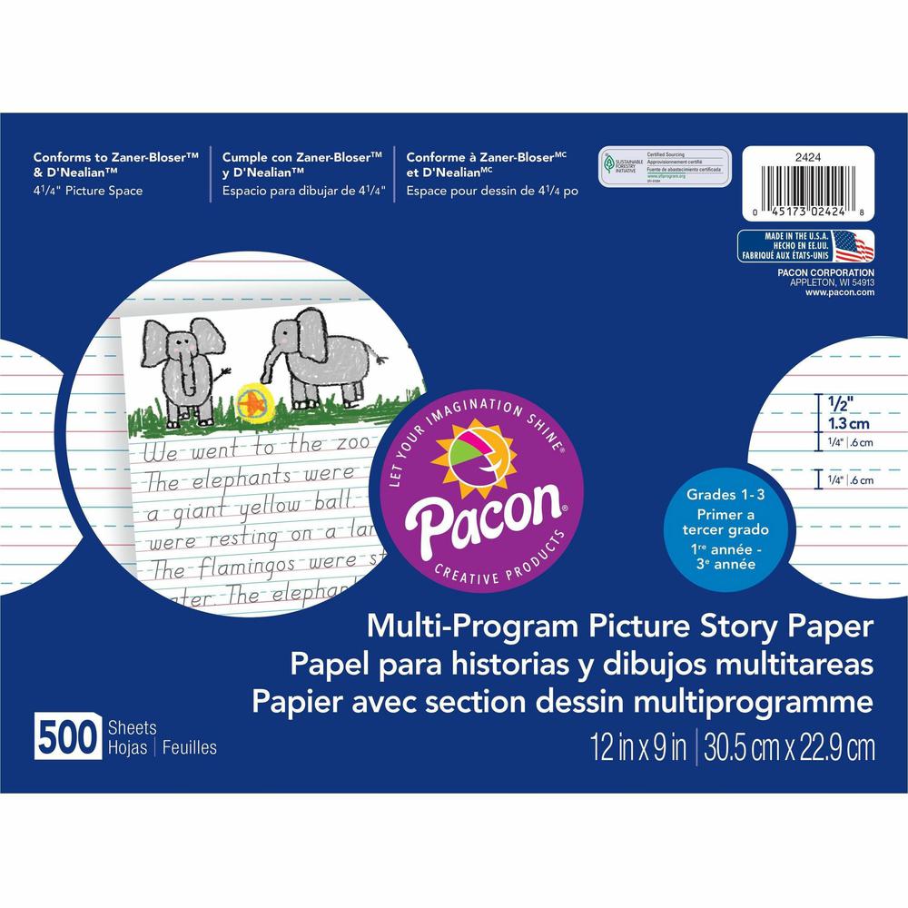 Pacon Multi-program Picture Story Paper - 0.50" Ruled - 4.25" Picture Story Space - Unruled Margin - 12" x 9" - AssortedChipboard Cover - Hard Cover - 500 / Ream. Picture 1