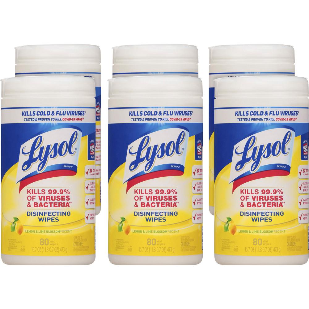 Lysol Disinfecting Wipes - Ready-To-Use - Lemon, Lime Blossom Scent - 7" Length x 7.25" Width - 80 / Canister - 6 / Carton - White. Picture 1