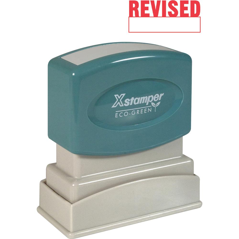 Xstamper REVISED Title Stamp - Message Stamp - "REVISED" - 0.50" Impression Width x 1.63" Impression Length - 100000 Impression(s) - Red - Recycled - 1 Each. Picture 1