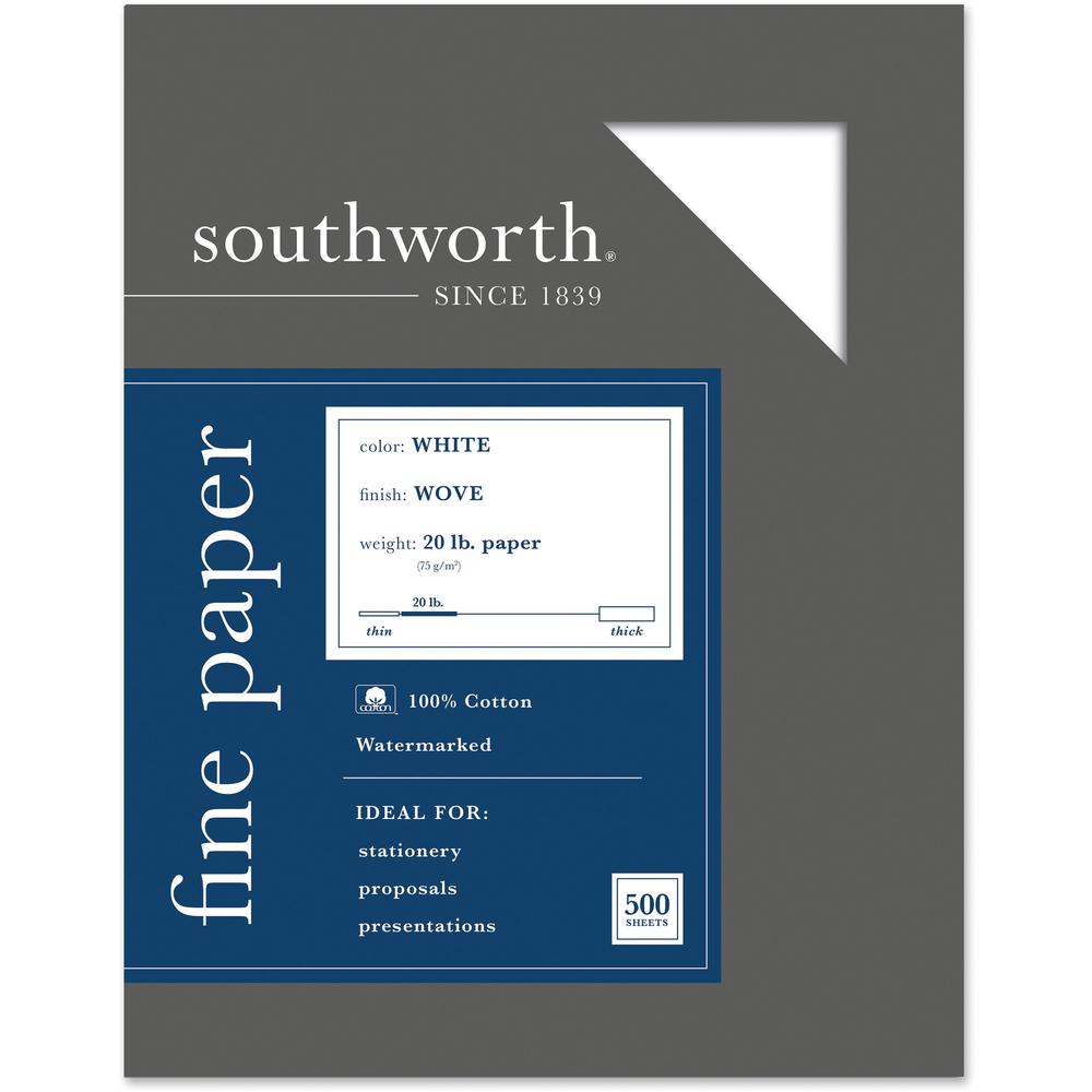 Southworth 100% Cotton Business Paper - Letter - 8 1/2" x 11" - 20 lb Basis Weight - Wove - 500 / Box - Wear Resistant, Date-coded, Acid-free, Lignin-free - White. Picture 1