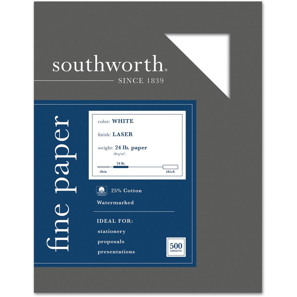 Southworth Laser Paper - White - Letter - 8 1/2" x 11" - 24 lb Basis Weight - Extra Smooth - 500 / Box - Acid-free, Watermarked, Date-coded, Superior Image Reproduction - White. Picture 1