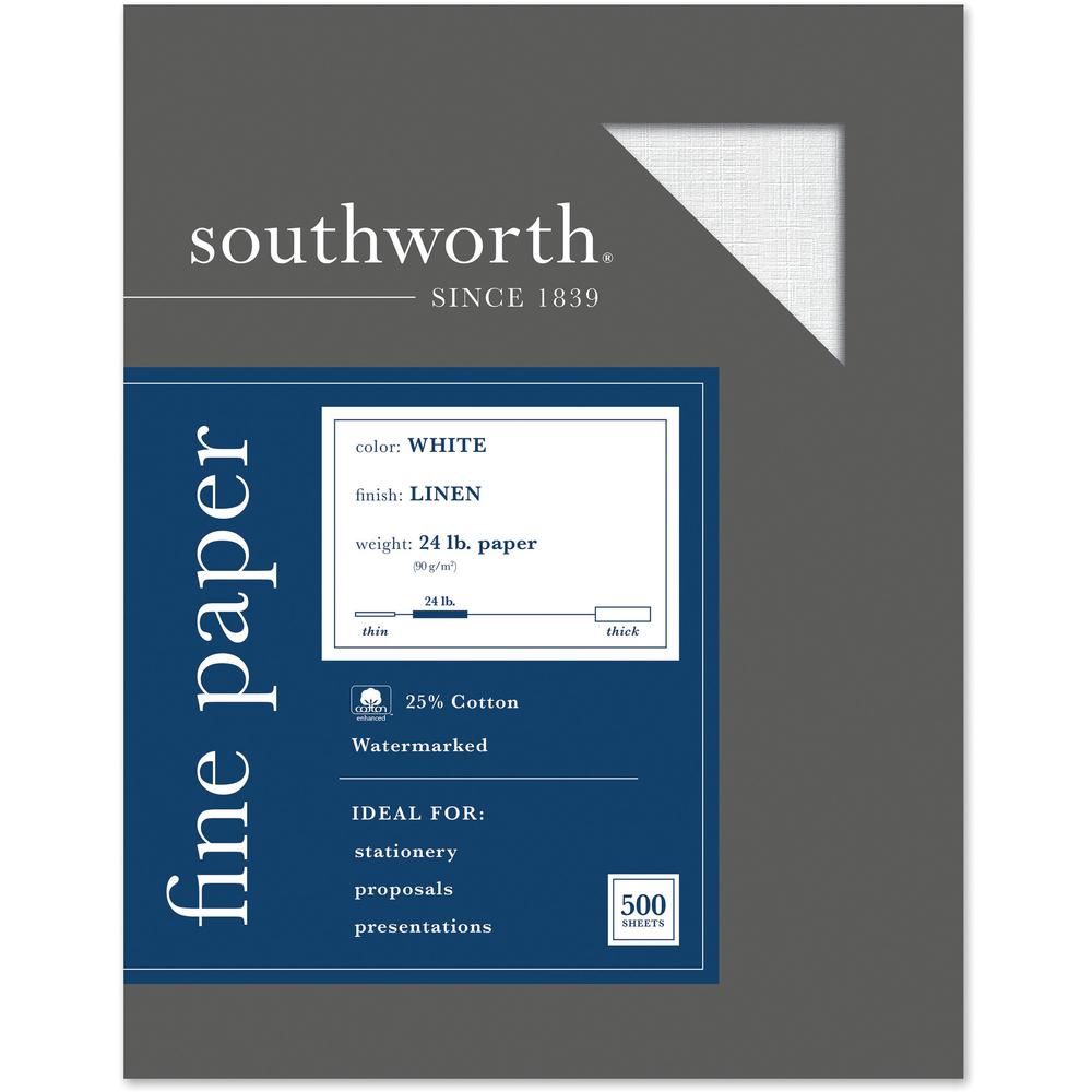 Southworth Business Paper - Letter - 8 1/2" x 11" - 24 lb Basis Weight - Linen - 500 / Box - Acid-free, Watermarked, Date-coded - White. Picture 1