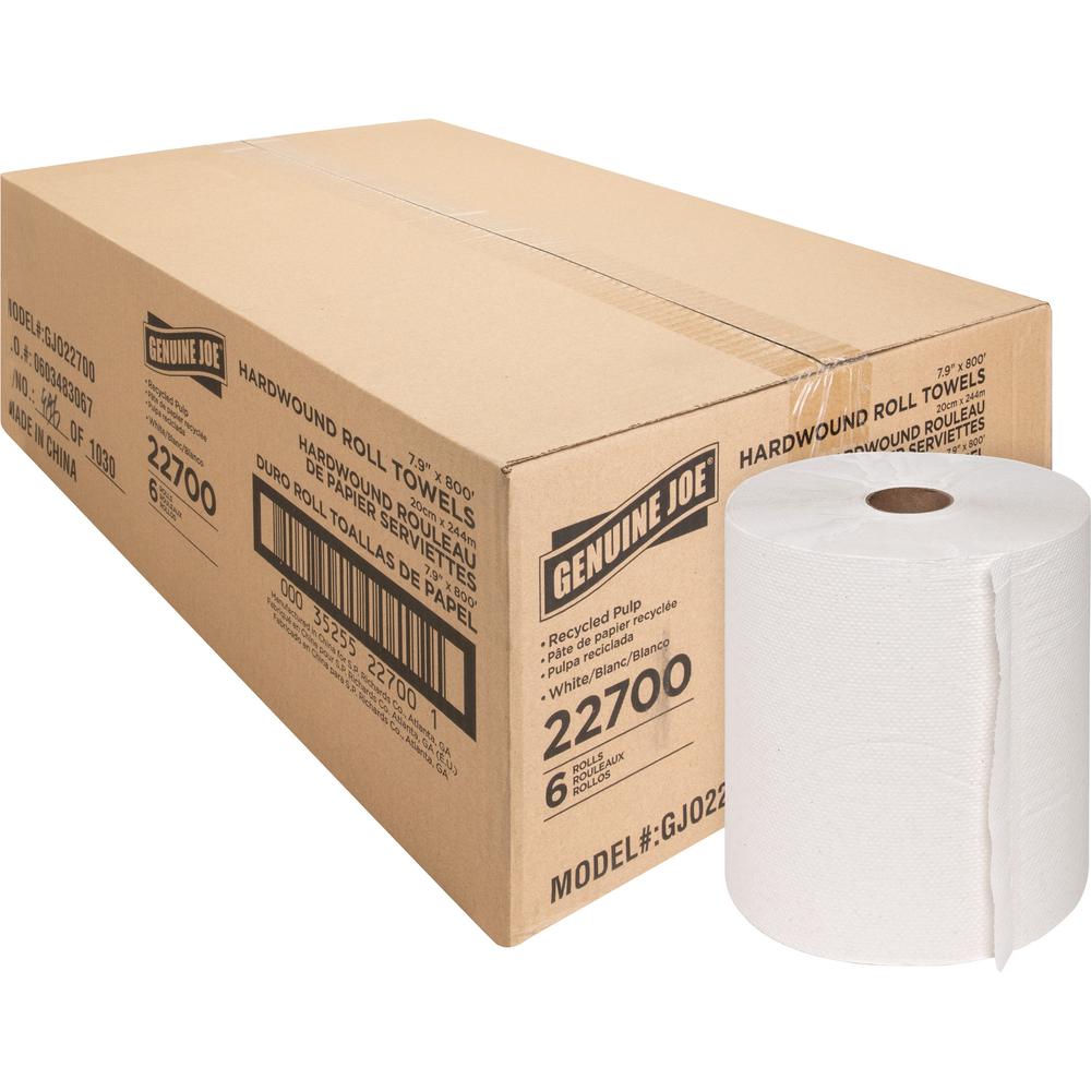 Genuine Joe Hardwound Roll Paper Towels - 7.90" x 800 ft - White - Absorbent, Chlorine-free - For Restroom - 6 / Carton. The main picture.