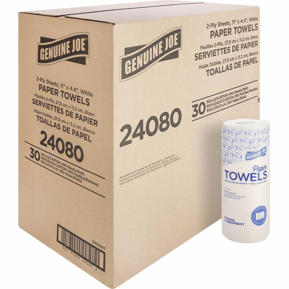Genuine Joe Kitchen Roll Flexible Size Towels - 2 Ply - 1.63" Core - White - 30 / Carton. Picture 1
