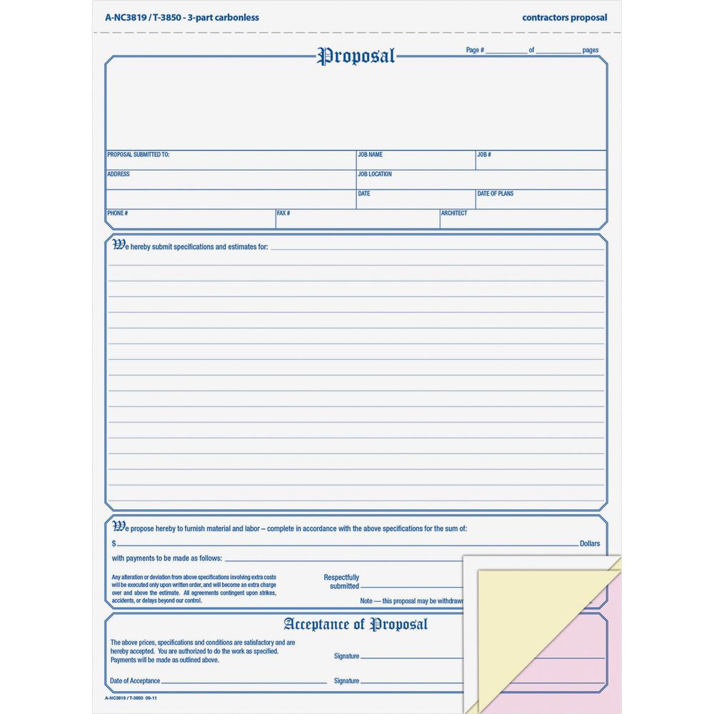 TOPS In Triplicate Proposal Form - 3 PartCarbonless Copy - 8.50" x 11" Sheet Size - White, Canary, Pink - Blue Print Color - 50 / Pack. Picture 1