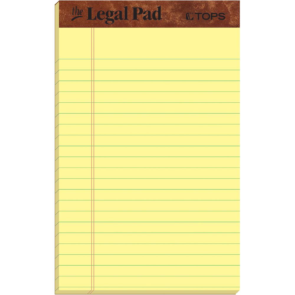 TOPS The Legal Pad Writing Pad - 50 Sheets - Double Stitched - 0.28" Ruled - 16 lb Basis Weight - Jr.Legal - 5" x 8" - Canary Paper - Chipboard Cover - Perforated, Hard Cover, Removable - 1 Dozen. Picture 1