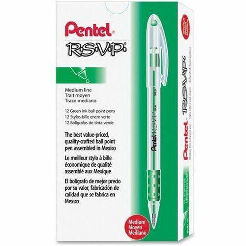 Pentel R.S.V.P. Ballpoint Stick Pens - Medium Pen Point - 1 mm Pen Point Size - Refillable - Green - Clear Barrel - 1 Dozen. Picture 1
