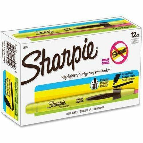 Sharpie Smear Guard Retractable Highlighters - Chisel Marker Point Style - Retractable - Fluorescent Yellow - Yellow Barrel - 1 Dozen. Picture 1