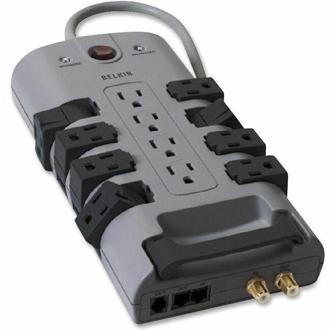 Belkin 12-Outlet Pivot-Plug Surge Protectors - 8 foot Cable - 4320 Joules - 12 x AC Power - 4320 J - Phone, Coaxial Cable Line. Picture 1