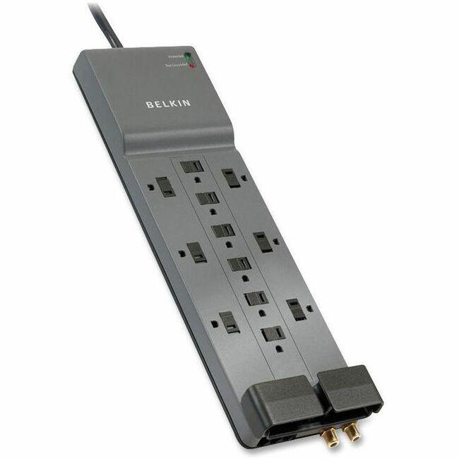 Belkin 12-Outlet Home/Office Surge Protector with 8-foot cord - 8 foot Cable - Black - 3780 Joules - 12 - 3780 J - 125 V AC Input - Phone, Coaxial Cable Line. Picture 1