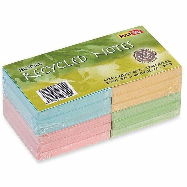 Redi-Tag Self-Stick Recycled Notes - 300 x Green, 300 x Pink, 300 x Yellow, 300 x Blue - 3" x 3" - Square - Self-adhesive - 12 / Pack - Recycled. Picture 1