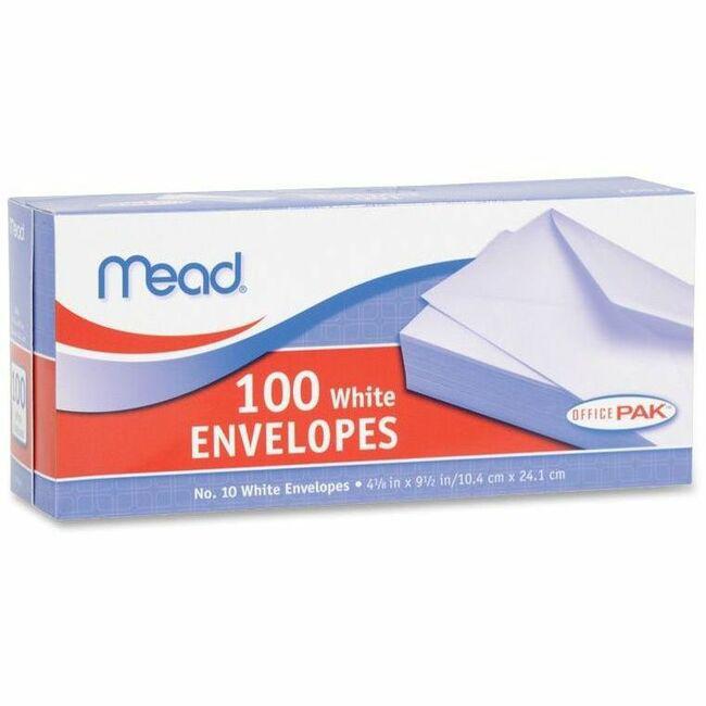 Mead Plain White Envelopes - Business - #10 - 4 1/8" Width x 9 1/2" Length - Gummed - 100 / Box - White. Picture 1