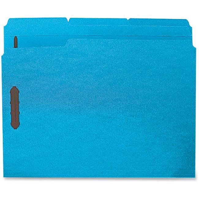 Business Source 1/3 Tab Cut Letter Recycled Fastener Folder - 8 1/2" x 11" - 3/4" Expansion - 2 Fastener(s) - 2" Fastener Capacity - Top Tab Location - Assorted Position Tab Position - Blue - 10% Recy. Picture 1