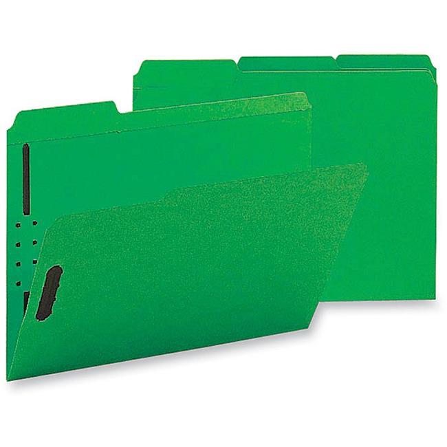 Business Source 1/3 Tab Cut Letter Recycled Fastener Folder - 8 1/2" x 11" - 3/4" Expansion - 2 Fastener(s) - 2" Fastener Capacity - Top Tab Location - Assorted Position Tab Position - Green - 10% Rec. Picture 1
