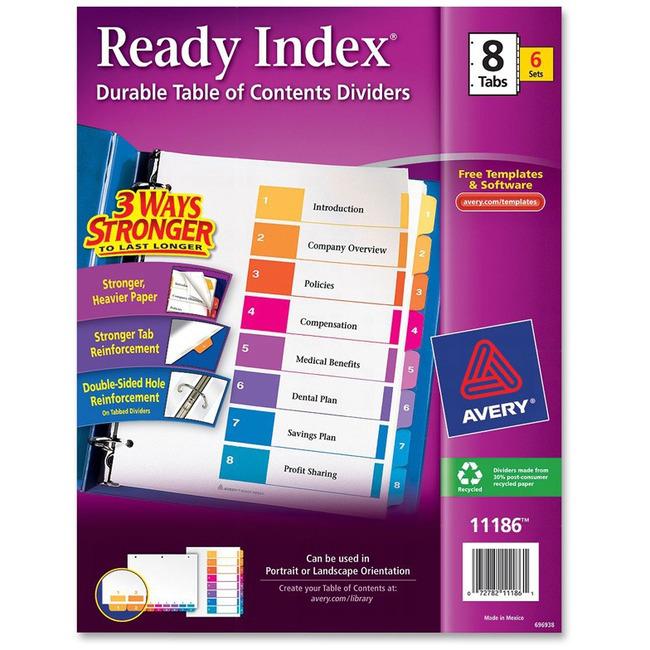 Avery&reg; Ready Index Custom TOC Binder Dividers - 48 x Divider(s) - 1-8 - 8 Tab(s)/Set - 8.5" Divider Width x 11" Divider Length - 3 Hole Punched - White Paper Divider - Multicolor Paper Tab(s) - Re. Picture 1