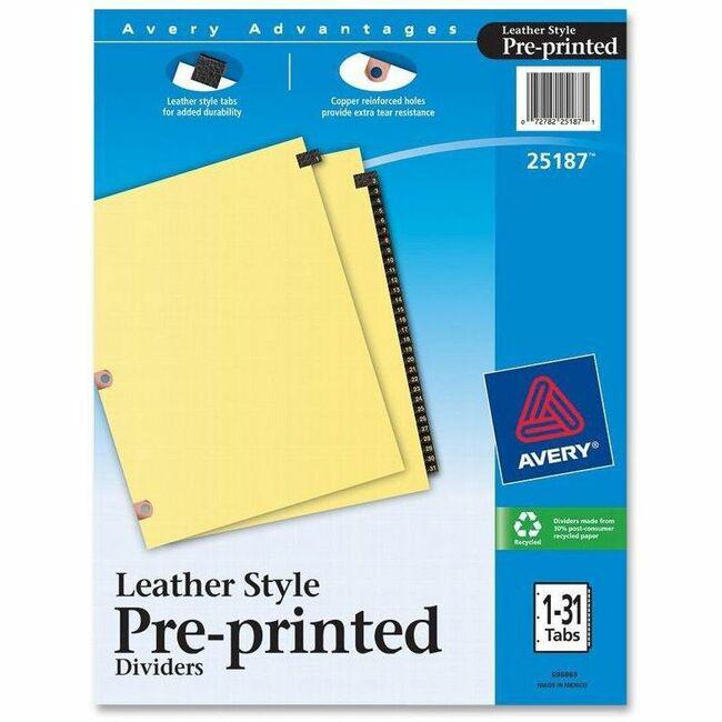 Avery&reg; Tab Divider - 31 x Divider(s) - 1-31 - 31 Tab(s)/Set - 8.5" Divider Width x 11" Divider Length - 3 Hole Punched - Buff Paper Divider - Black Paper, Leather Tab(s) - Recycled - 1. Picture 1