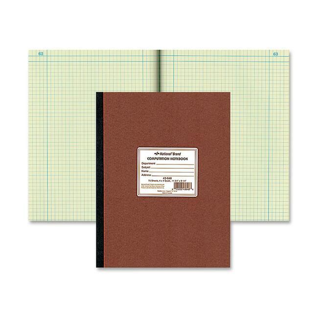 Rediform Quad Ruled Lab Computation Notebook - 75 Sheets - Ruled Margin - 9 1/4" x 11 3/4" - Green Paper - BrownPressboard Cover - Numbered - Recycled - 1 Each. Picture 1