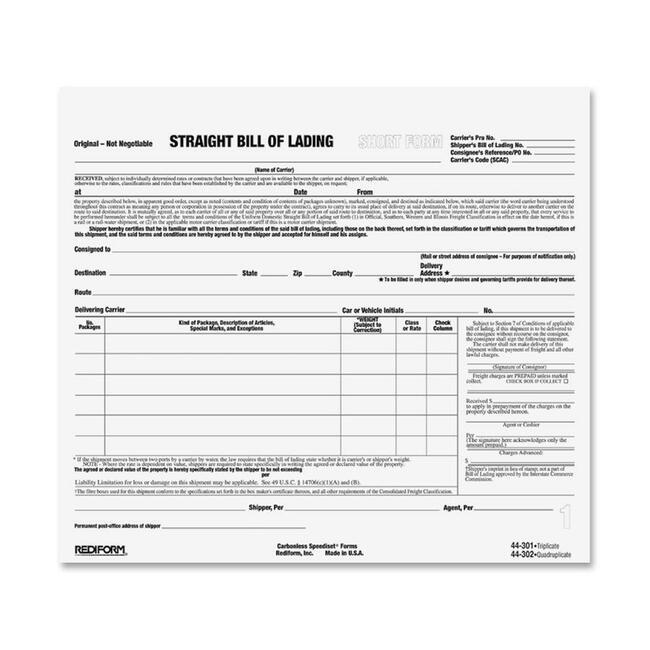 Rediform Snap-A-Way Bill of Lading Forms - 3 PartCarbonless Copy - 8.50" x 7" Sheet Size - 2 x Holes - White Sheet(s) - Black Print Color - 250 / Pack. Picture 1