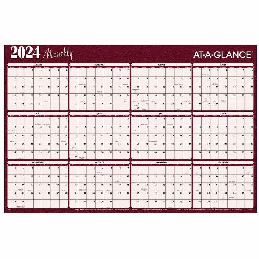 At-A-Glance Horizontal Reversible Erasable Wall Calendar - Extra Large Size - Yearly - 12 Month - January 2024 - December 2024 - 48" x 32" White Sheet - 1.63" x 1.50" Block - Burgundy - Laminate - Era. Picture 1
