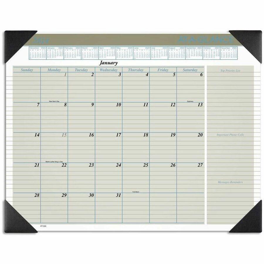 At-A-Glance Executive Desk Pad - Standard Size - Monthly - 12 Month - January 2024 - December 2024 - 1 Month Single Page Layout - 21 3/4" x 17" White Sheet - 2.31" x 2.56" Block - Desk Pad - Tan - Pol. Picture 1
