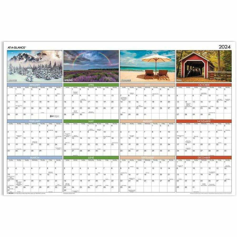 At-A-Glance Seasons in Bloom Horizontal Vertical Erasable Yearly Wall Calendar - Large Size - Yearly - 12 Month - January 2024 - December 2024 - 36" x 24" White Sheet - Multi - Laminate - Erasable, Re. Picture 1