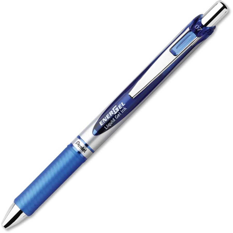 Pentel EnerGel RTX Liquid Gel Pen - Medium Pen Point - 0.7 mm Pen Point Size - Refillable - Retractable - Blue Gel-based Ink - Silver Barrel - 1 Each. The main picture.