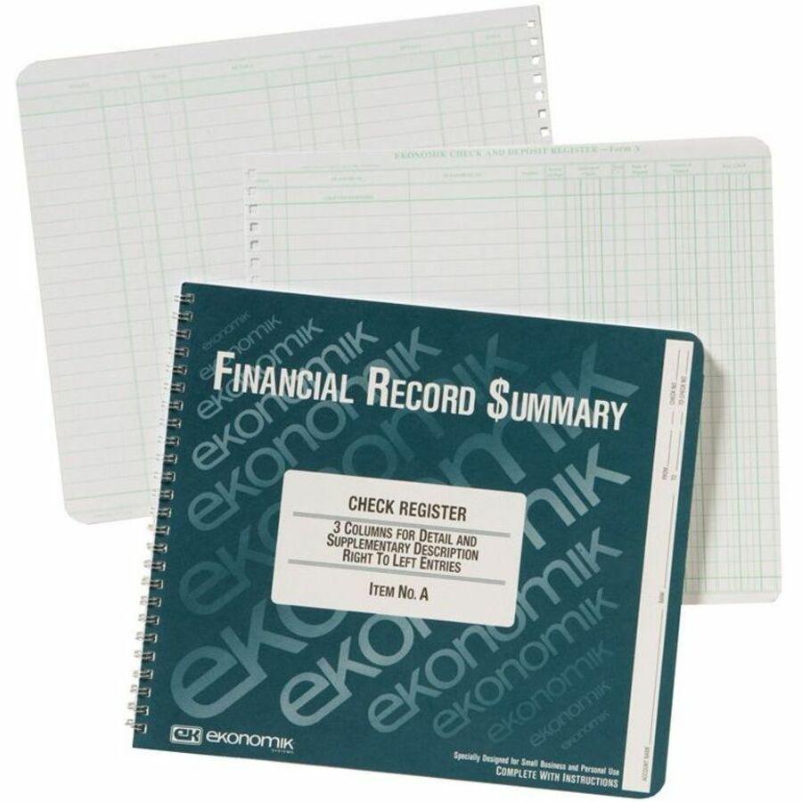 Ekonomik Check / Deposit Register - 40 Sheet(s) - Wire Bound - 10" x 8.75" Sheet Size - White Sheet(s) - Green Print Color - Recycled - 1 Each. Picture 1