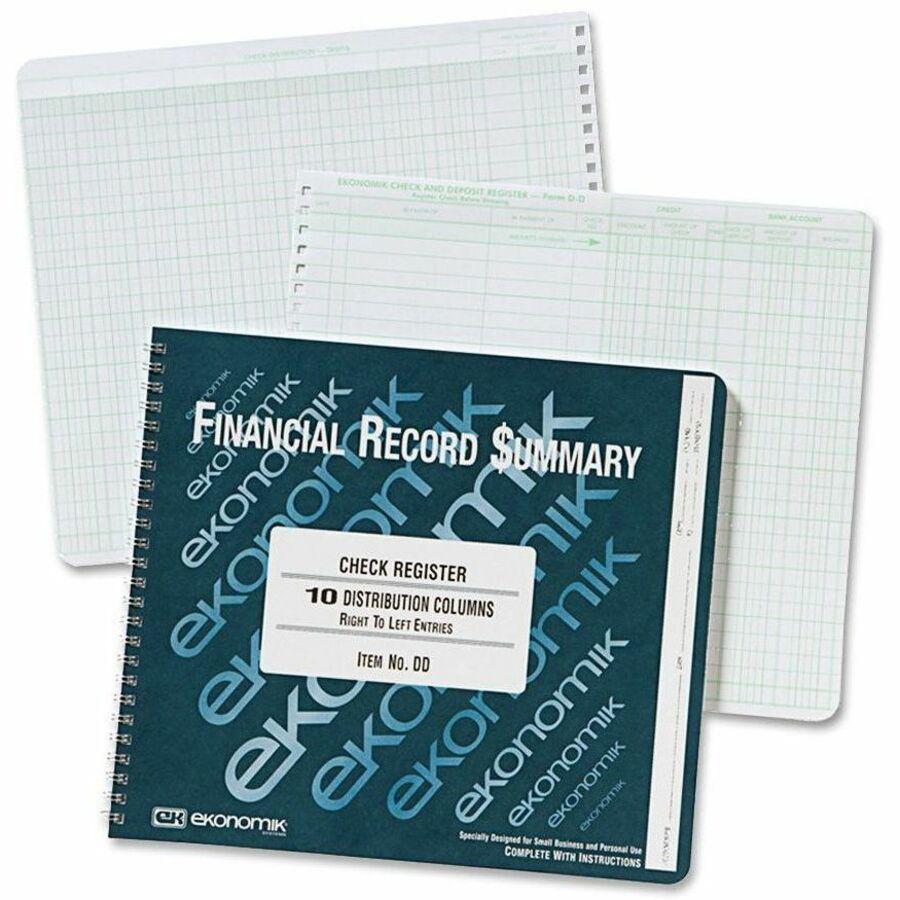 Ekonomik Check Register Forms - 40 Sheet(s) - Wire Bound - 10" x 8.75" Sheet Size - 10 Columns per Sheet - White Sheet(s) - Green Print Color - Recycled - 1 Each. Picture 1