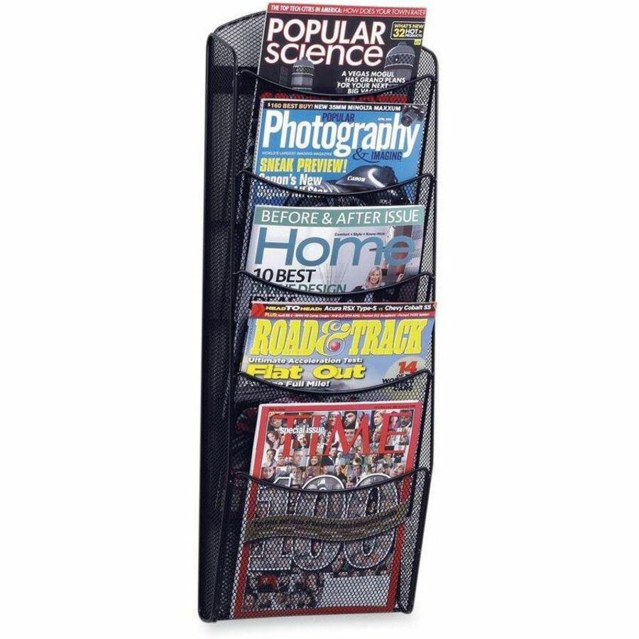 Safco 5-Pocket Onyx Mesh Literature Organizer - 5 Pocket(s) - 28.3" Height x 10.3" Width x 3.5" Depth - Wall Mountable - Powder Coated - Black - Steel - 1 Each. Picture 1
