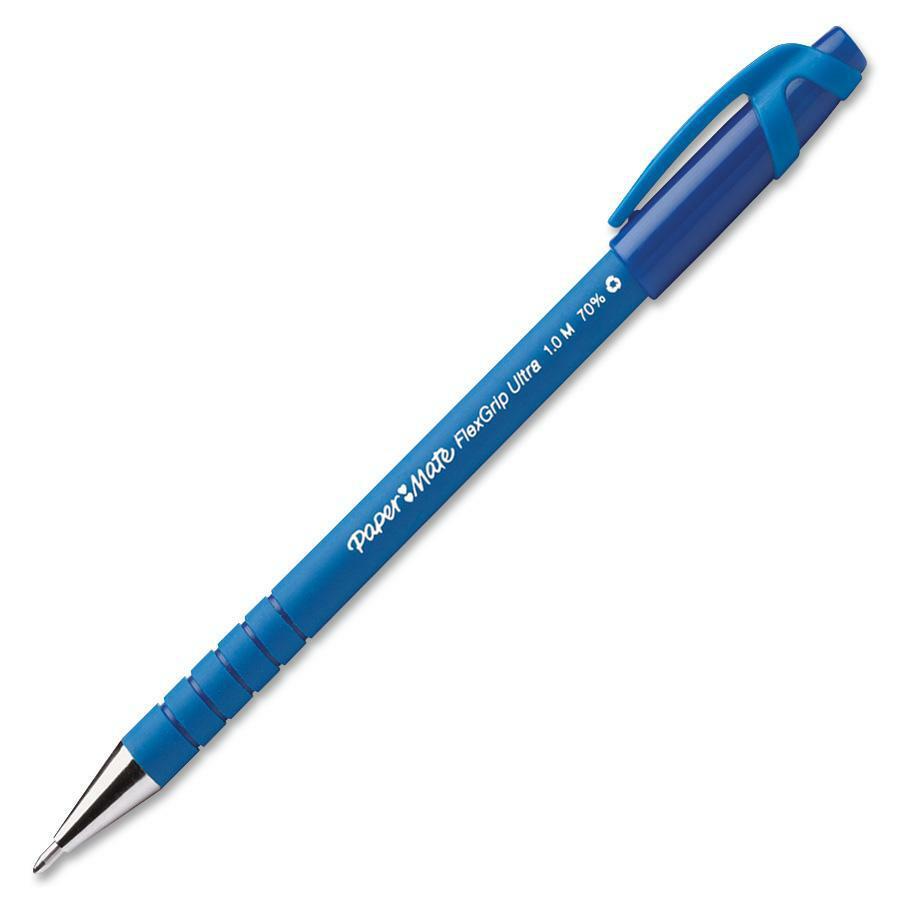 Paper Mate Flexgrip Ultra Recycled Pens - Medium Pen Point - Blue Alcohol Based Ink - Blue Rubber Barrel - 1 Dozen. Picture 1