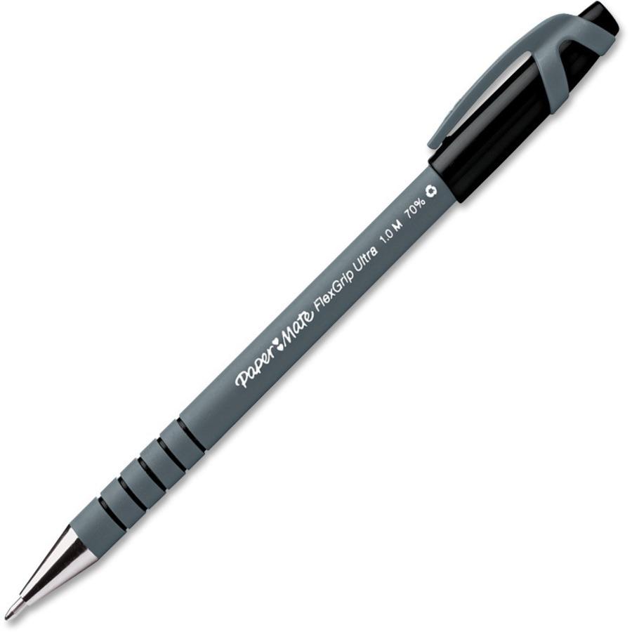 Paper Mate Flexgrip Ultra Recycled Pens - Medium Pen Point - Black - Black Rubber Barrel - 1 Dozen. Picture 1