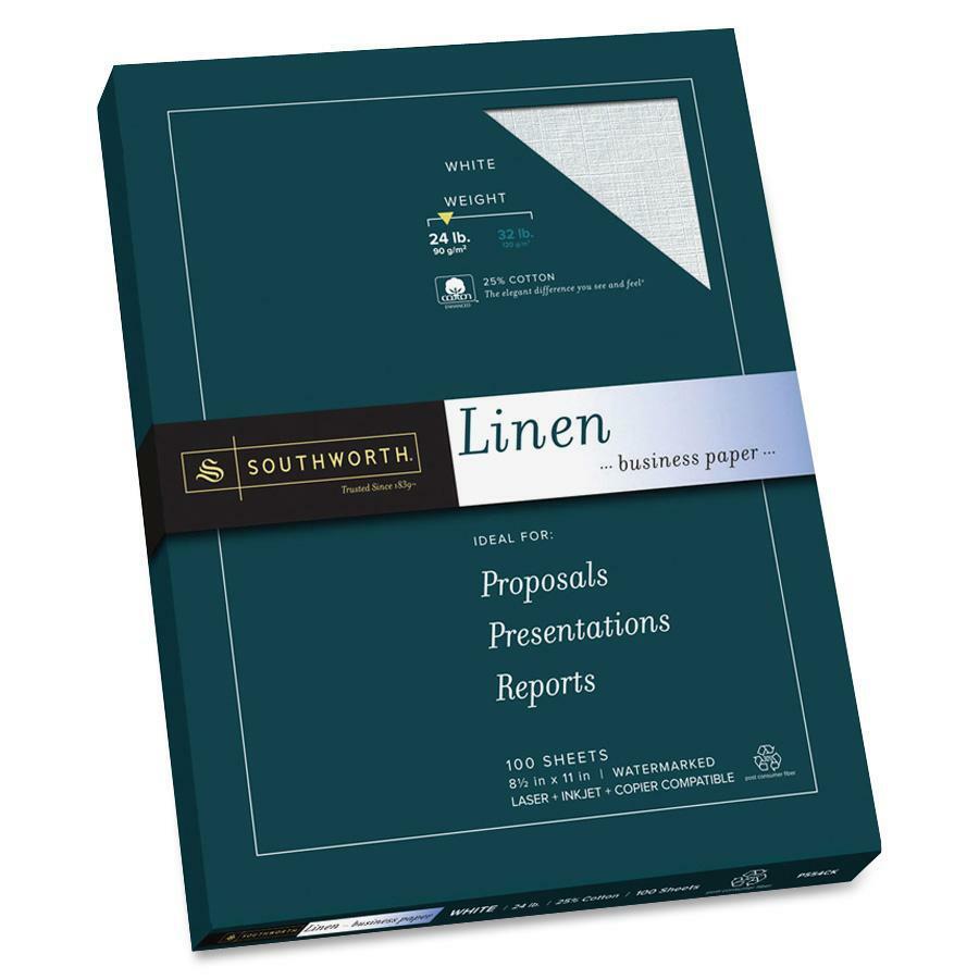Southworth 25% Cotton Linen Business Paper - Letter - 8 1/2" x 11" - 24 lb Basis Weight - Linen - 100 / Box - Acid-free, Watermarked, Date-coded - White. Picture 1