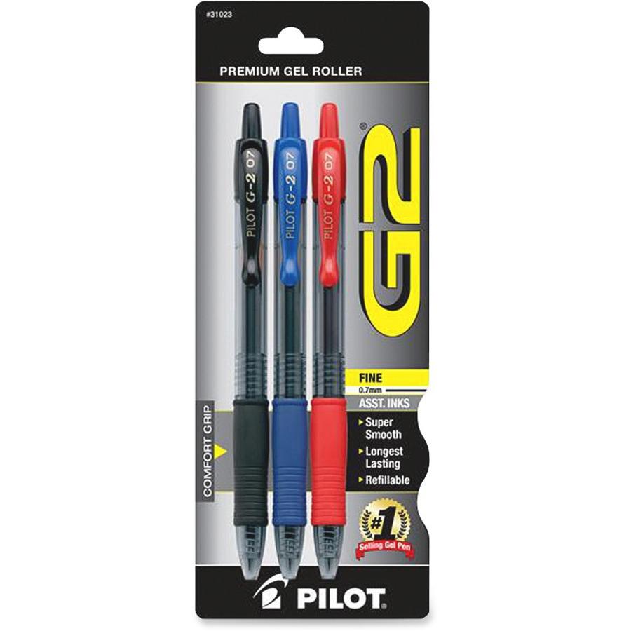 Pilot G2 Retractable Gel Ink Pens - Fine Pen Point - 0.7 mm Pen Point Size - Refillable - Retractable - Black, Blue, Red Gel-based Ink - Black, Blue, Red Barrel - 3 / Pack. Picture 1