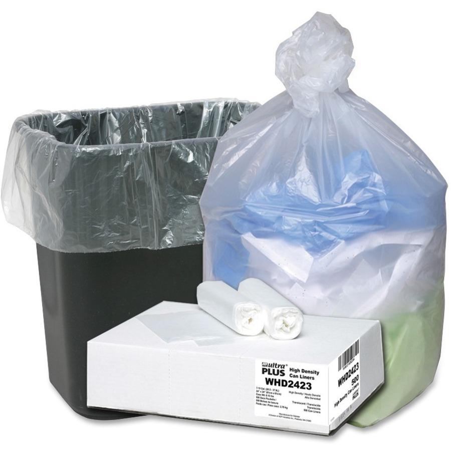 Webster Ultra Plus Trash Can Liners - Small Size - 10 gal - 24" Width x 24" Length x 0.31 mil (8 Micron) Thickness - High Density - Natural - Resin - 500/Carton - Industrial Trash, Office Waste. Picture 1