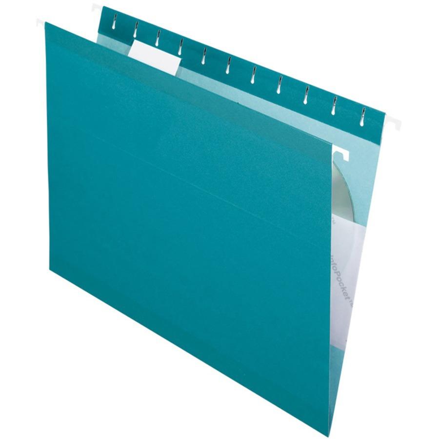 Pendaflex 1/5 Tab Cut Letter Recycled Hanging Folder - 8 1/2" x 11" - Teal - 10% Recycled - 25 / Box. Picture 1