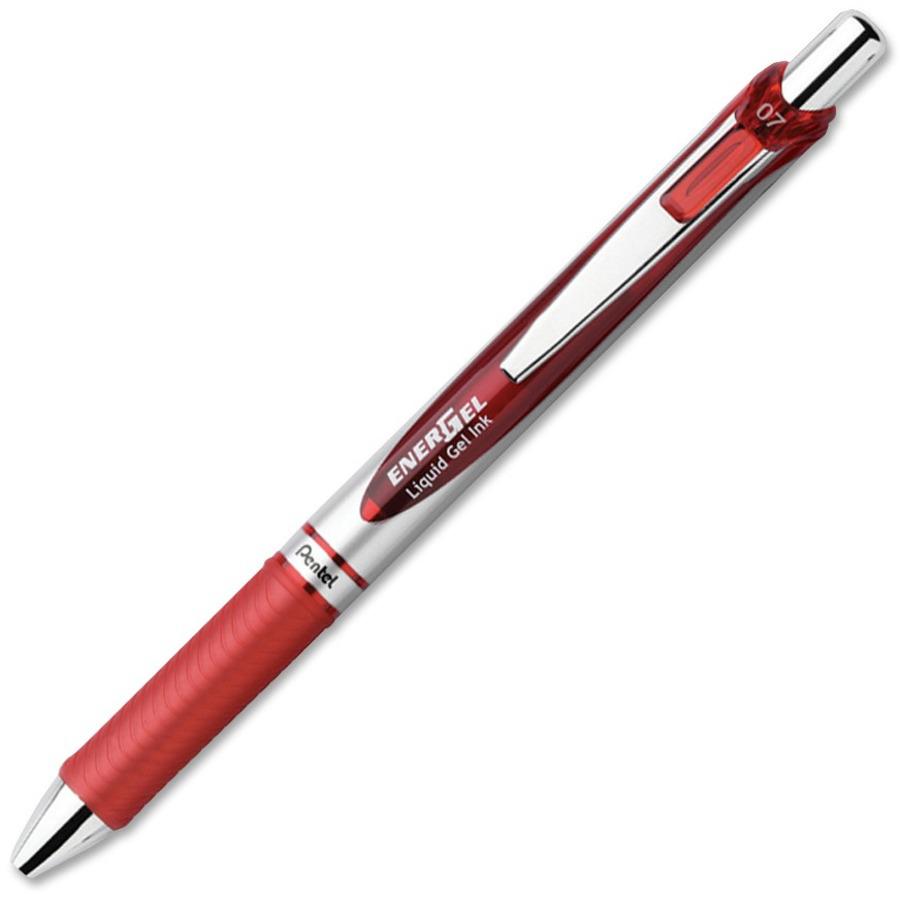 EnerGel EnerGel RTX Liquid Gel Pens - Medium Pen Point - 0.7 mm Pen Point Size - Refillable - Retractable - Red Gel-based Ink - Silver Barrel - Metal Tip - 1 Dozen. Picture 1