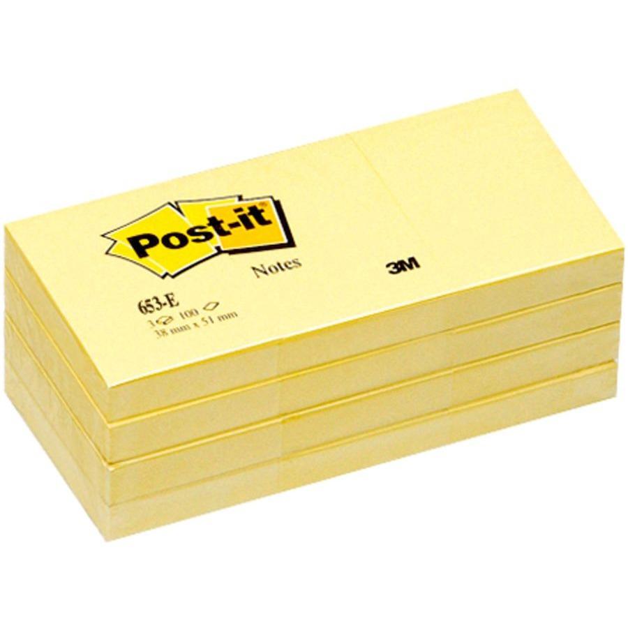 Post-it&reg; Notes Original Notepads - 1 3/8" x 1 7/8" - Rectangle - 100 Sheets per Pad - Unruled - Canary Yellow - Paper - Self-adhesive, Repositionable - 24 / Bundle. Picture 1