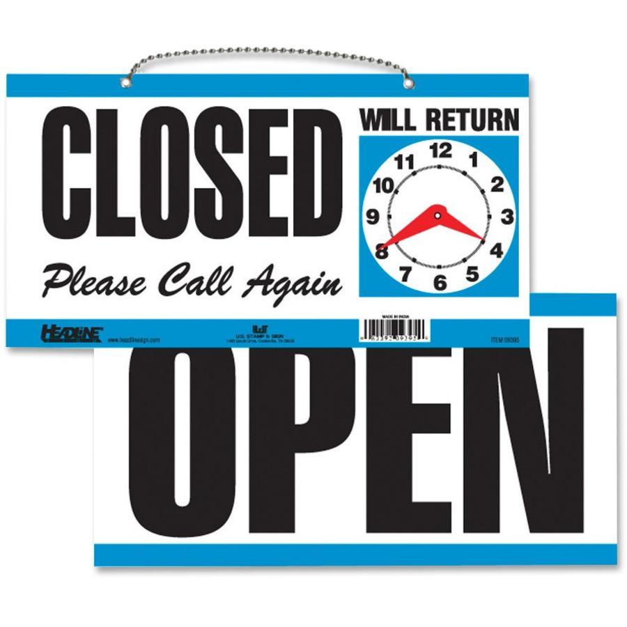 Headline Signs OPEN/CLOSED 2-sided Sign - 1 Each - Open/Closed/Please Call Again/Will Return Print/Message - 11.5" Width - Rectangular Shape - Customizable Time - Plastic - White, Blue. Picture 1