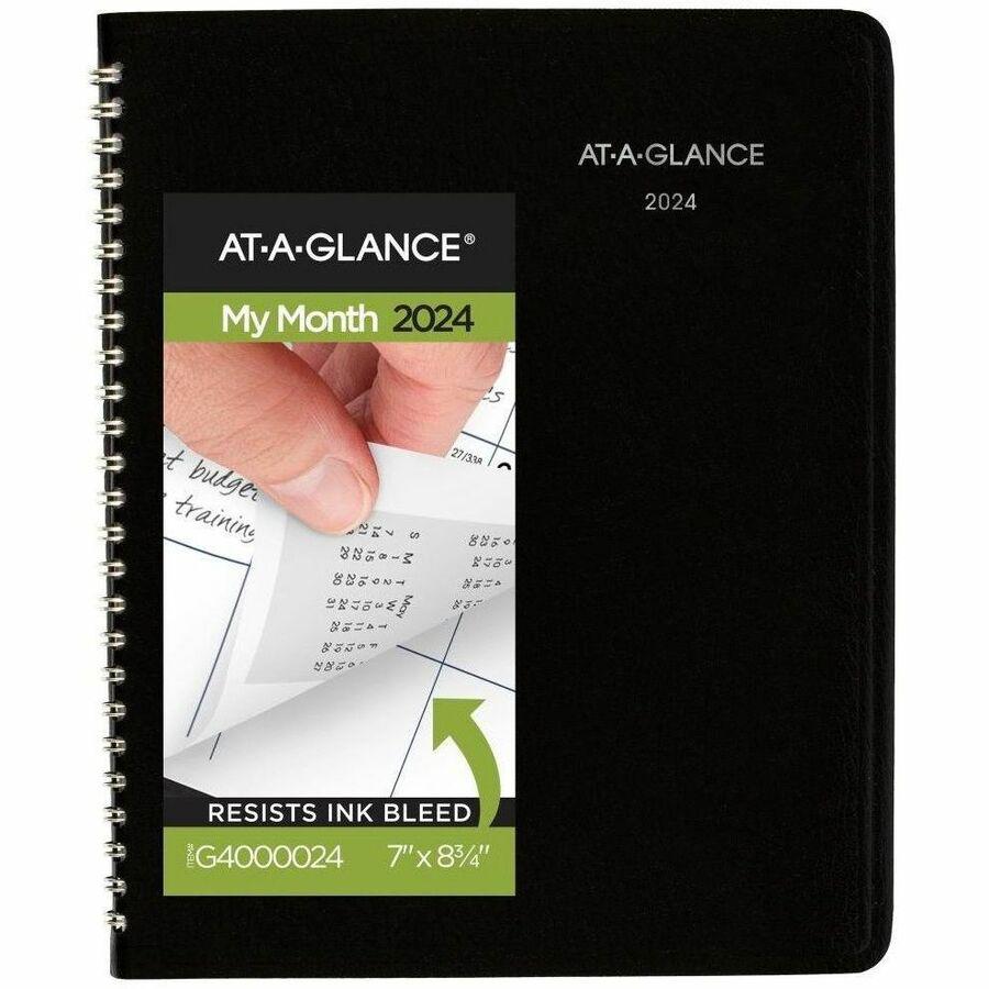 At-A-Glance DayMinderPlanner - Medium Size - Julian Dates - Monthly - 12 Month - January 2024 - December 2024 - 1 Month Double Page Layout - 7" x 8 3/4" White Sheet - Wire Bound - Desktop - Black - Si. Picture 1